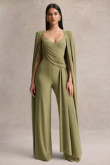 Labina | Green Plunge-Neck Jumpsuit With Cape-Sleeves