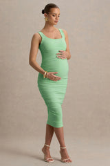 Lisbon | Light Green Maternity Square Neck Ruched Midi Dress