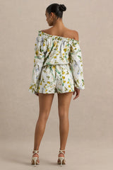 Waterfall | White Botanical Print Asymmetric Long-Sleeve Playsuit