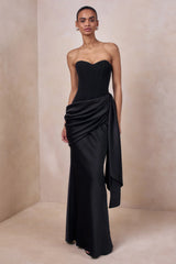 Oakley | Black Satin Bandeau Maxi Dress With Draped Skirt