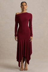 Isola | Burgundy Asymmetric-Neck Midi Dress With Hanky-Hem