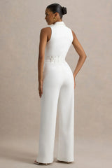 Trixie | White Plunge-Neck Tailored Jumpsuit