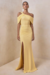 Nala | Lemon Asymmetric-Neck Maxi Dress With Gathered Detailing