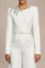 Prize | Cream Crew-Neck Jumpsuit With Embellishment Detail