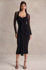 Rosetta | Black Sweetheart-Neck Midi Dress With Sheer-Sleeves