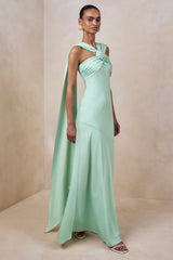 Sloane | Mint Satin Halter-Neck Maxi Dress With Cape