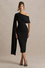 Leah | Black Asymmetric-Neck Midi Dress With Cape-Sleeve