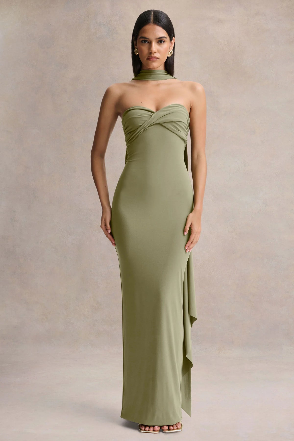 Sheila | Olive Bandeau Maxi Dress With Scarf Detail