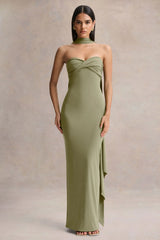 Sheila | Olive Bandeau Maxi Dress With Scarf Detail
