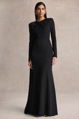 Reese | Black High-Neck Maxi Dress With Embellished Detail and Sash