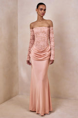Rinna | Pink Lace And Satin Bardot-Neck Maxi Dress