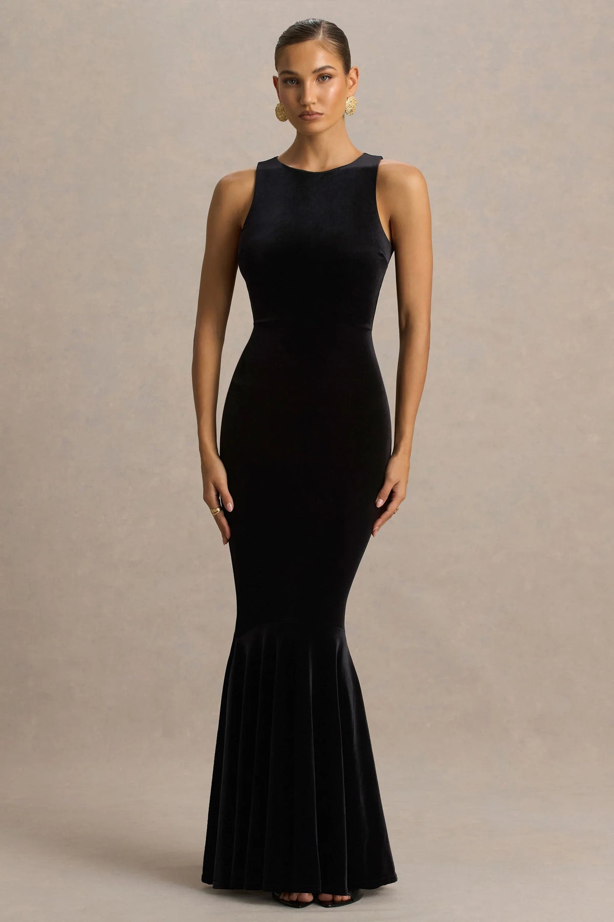 Pippa | Black Velvet Crew-Neck Mermaid Maxi Dress