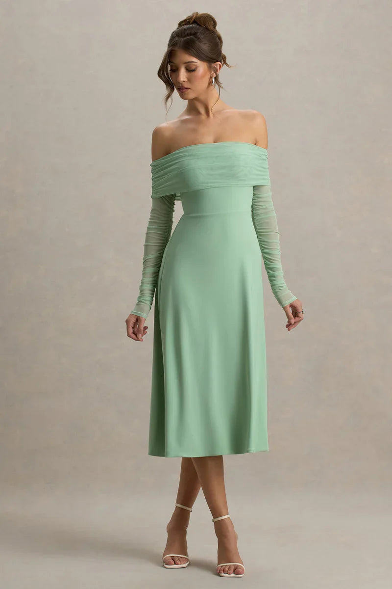Flatter Me | Light Green Bardot Midi Dress With Mesh Sleeves
