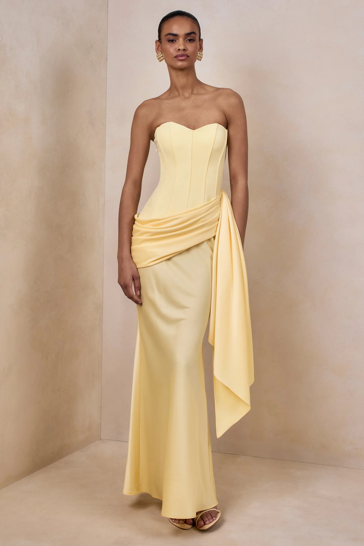Oakley | Lemon Satin Bandeau Maxi Dress With Draped Skirt