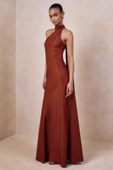 Cara | Rust Satin High-Neck Maxi Dress