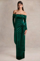 Jessara | Bottle Green Bardot-Neck Maxi Dress With Knot-Details