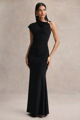 Blaire | Black Asymmetric-Neck Maxi Dress With Gold-Detailing