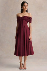 Dearest | Burgundy Bardot-Neck Midi Dress
