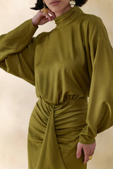 Perla | Olive High-Neck Maxi Dress With Gathered-Detailing