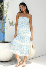 Under Palm Trees Strapless Midi Dress Blue