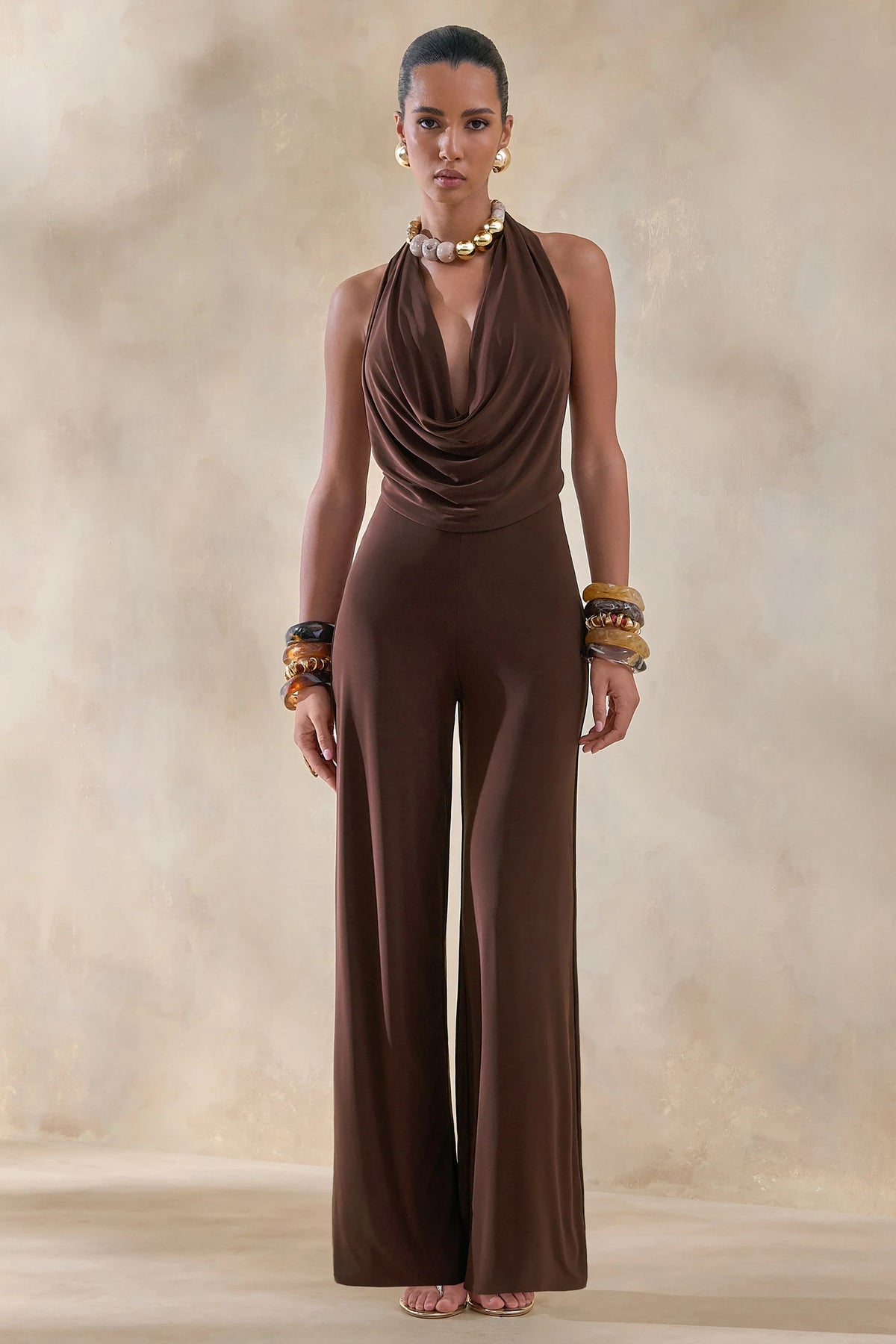 Clemence | Brown Plunge-Neck Jumpsuit
