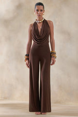 Clemence | Brown Plunge-Neck Jumpsuit