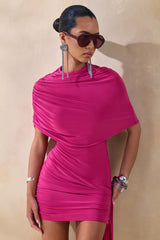 Farrah | Hot Pink High-Neck Draped Mini Dress With Sash