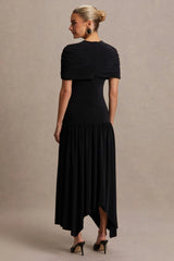 Eleni | Black Crew-Neck Maternity Maxi Dress With Cape-Sleeves And Drop Waist