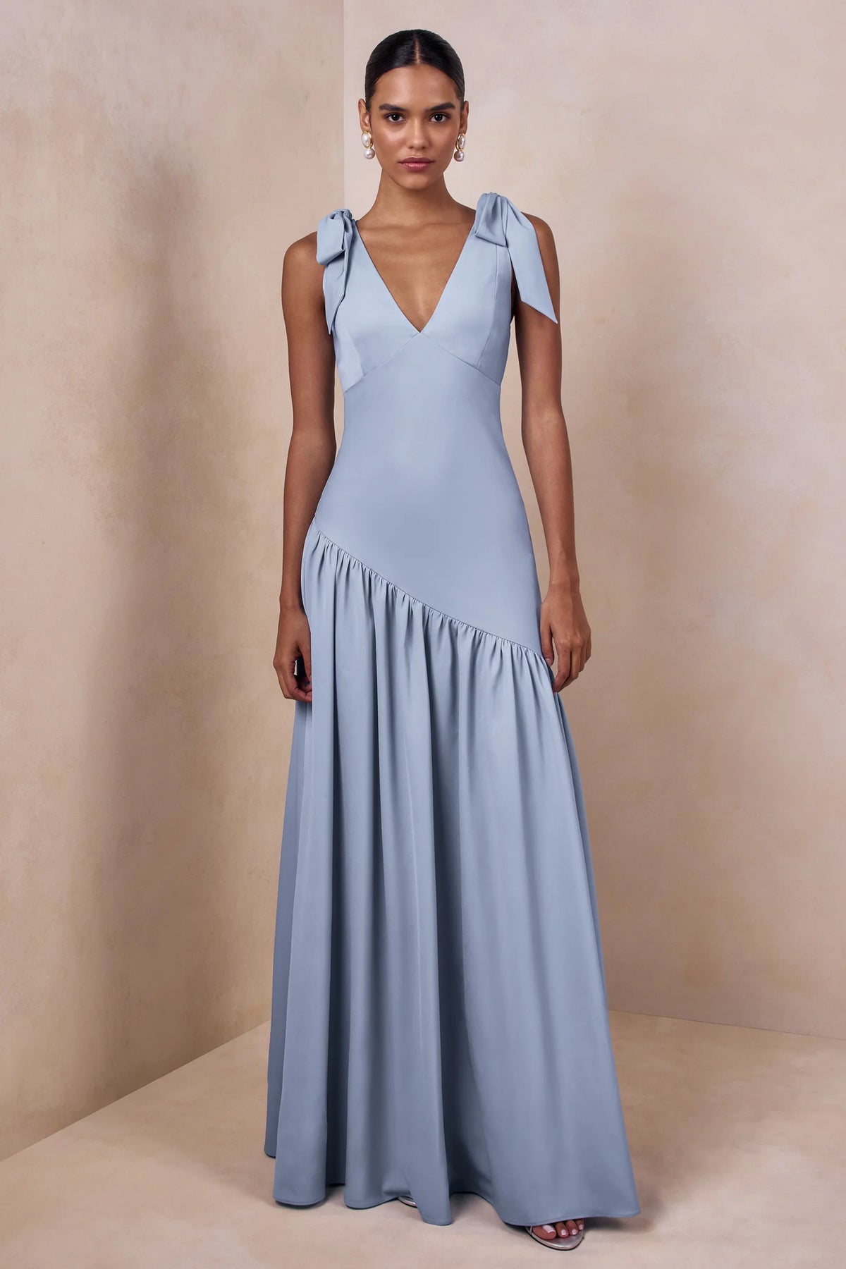 Cala | Powder Blue Satin Plunge-Neck Maxi Dress With Bow-Sleeves