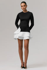 Lucinda | Black & White Long-Sleeve Mini Dress With Ruffle Hem