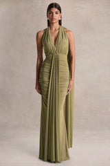 Roselani | Olive Halter-Neck Maxi Dress With Open-Back