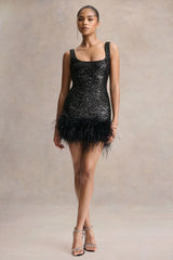 Rosalinda | Black Sequin Square-Neck Mini Dress With Feather Trim