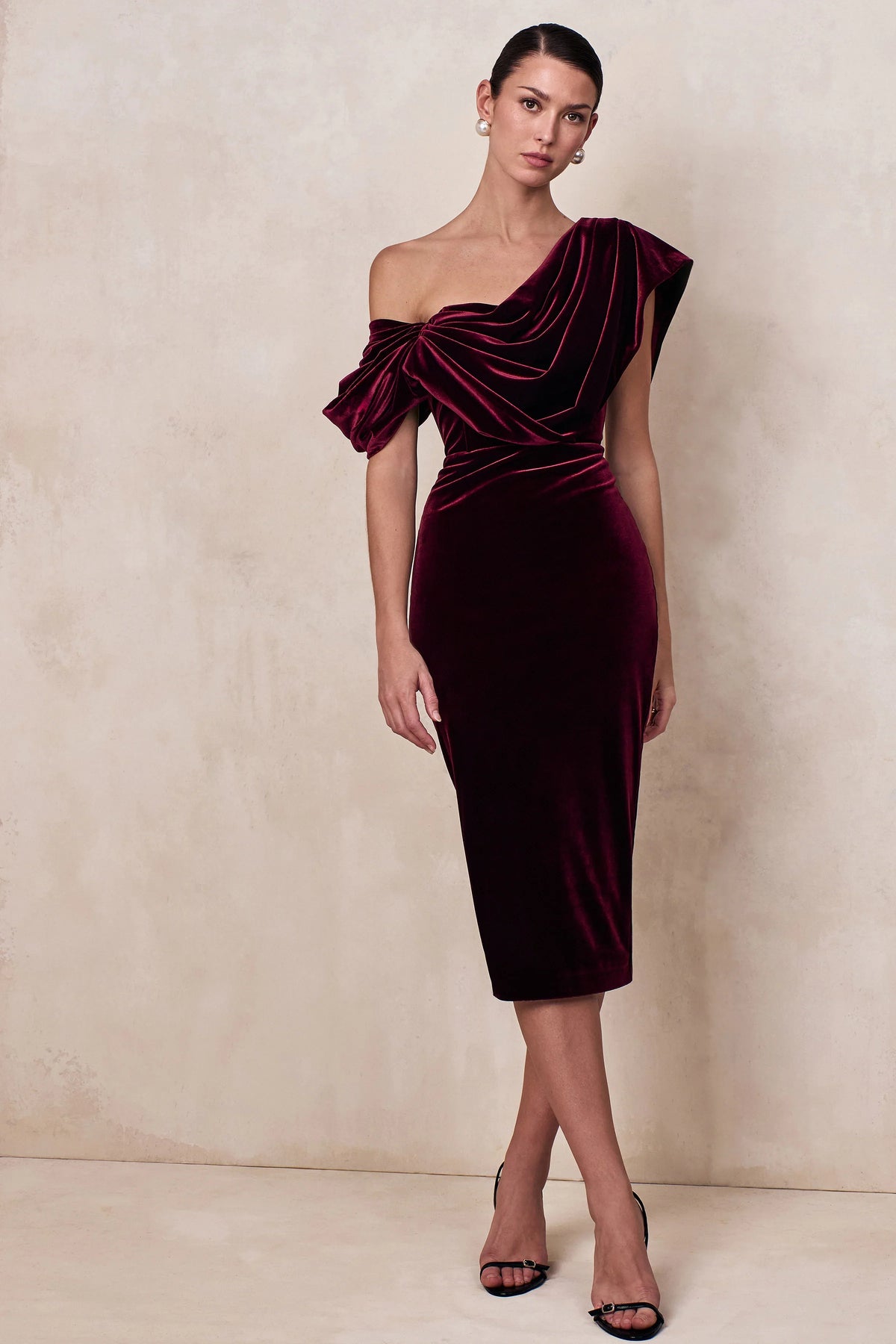 High End | Burgundy Velvet Asymmetric-Neck Midi Dress With Draped Detailing