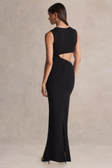 Roseth | Black High-Neck Maxi Dress With One-Sleeve And Body Cut-Out Detail