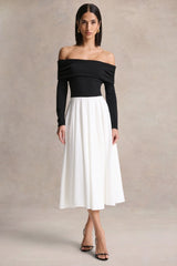 Frederica | Black And White Bardot-Neck Midi Dress