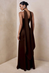Starling | Brown Satin Plunge-Neck Maxi Dress With Scarf-Detail