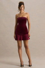 Valentina | Burgundy Velvet Bandeau Mini Dress With Pleated Detailing