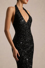 Gio | Black Sequin Plunge-Neck Wrap Maxi Dress With Ruched Detailing