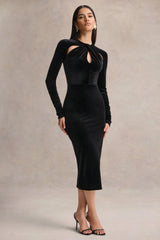 Francine | Black Velvet Round-Neck Midi Dress With Cut-Out Details