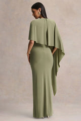 Ravena | Olive Crew-Neck Maxi Dress With Asymmetric-Cape Sleeve