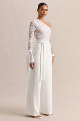 Clarence | White Lace Asymmetric-Neck Jumpsuit With Bow-Details