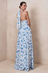 Liana | Blue Porcelain Print Halter-Neck Maxi Dress