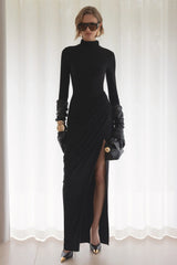 Betsy | Black High-Neck Maxi Dress With Front Split And Ruched Detailing