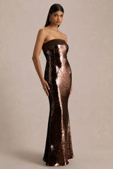 Leona | Brown Sequin Bandeau Maxi Dress With Satin Trim