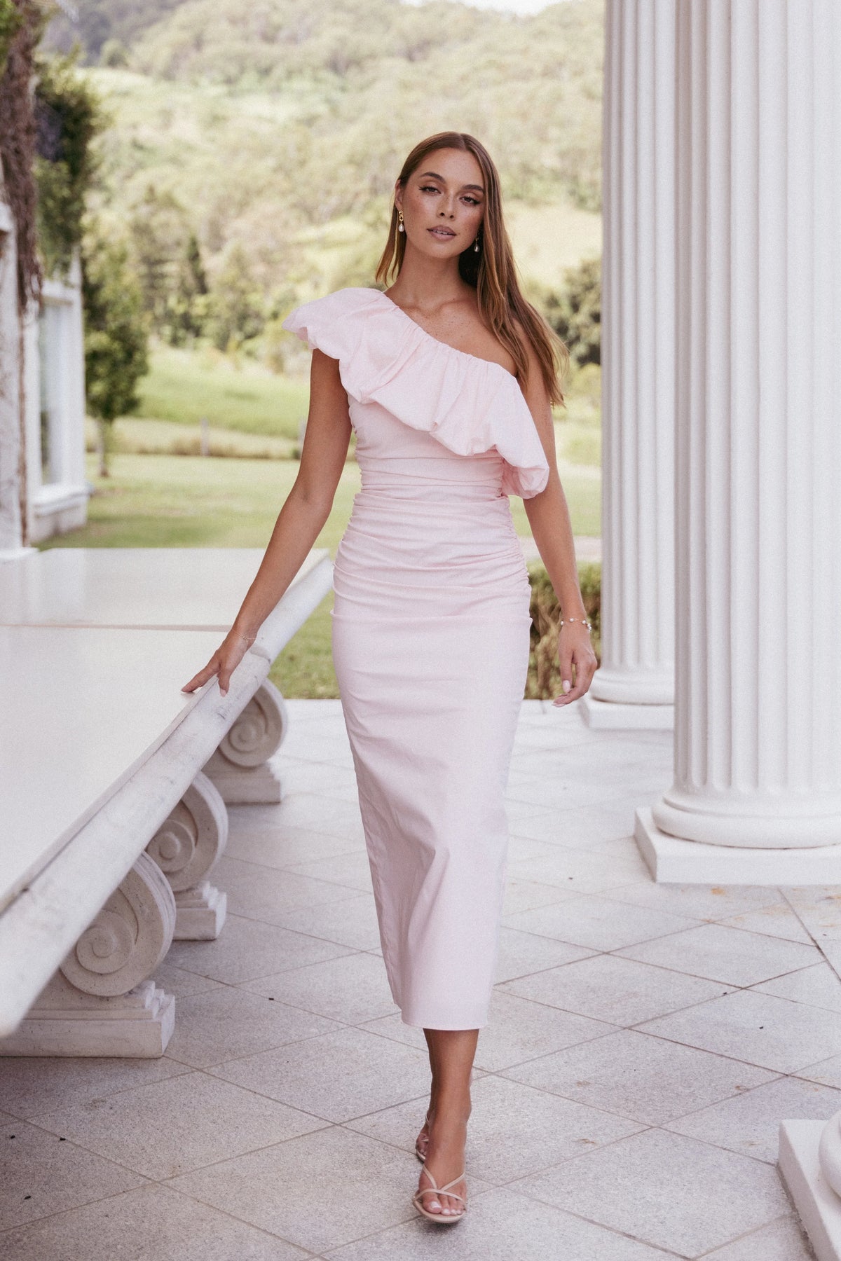 Eliya One Shoulder Frill Maxi Dress - Ballet Pink