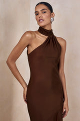 Cara | Brown Satin High-Neck Maxi Dress