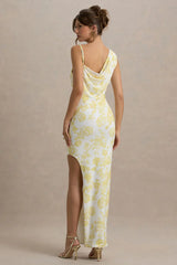 Sitara | Lemon Porcelain Print Cowl-Neck Maxi Dress With Asymmetric Skirt