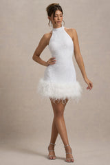 Lumi | White Sequin High-Neck Feather Trim Mini Dress