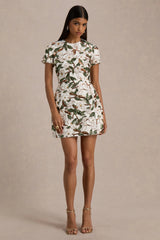 Ophelia | White And Green Embellished Sequin Floral And Mesh Mini Dress With Short Sleeves