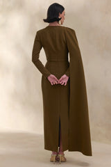 Jovea | Olive Round-Neck Maxi Dress With Cape-Sleeve